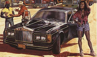 Bucker, Robson, einer der Rolls-Royce's und die Louisiana-Lady - Zeichnung: Faba